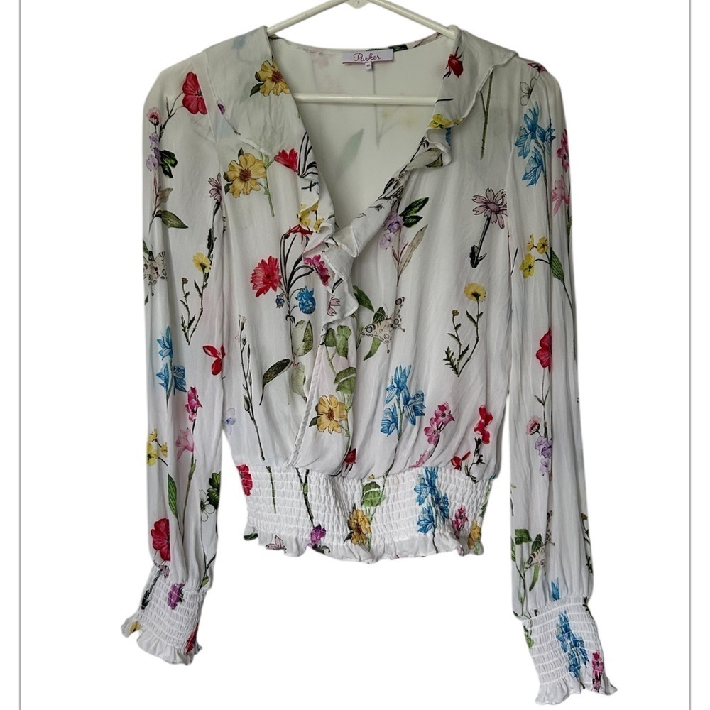 Parker Quincy silk Floral Long Sleeve Wrap Blouse Smocked Size XS - Picture 2 of 8